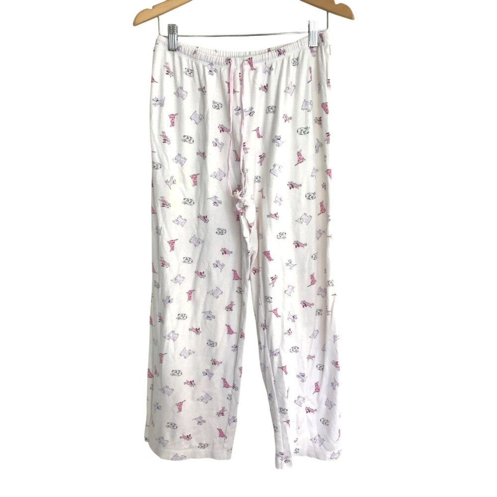 CAROLE HATCHMAN- WOMENS WHITE WITH DOGS PRINT ELASTIC WAIST PAJAMA BOTTOM MEDIUM